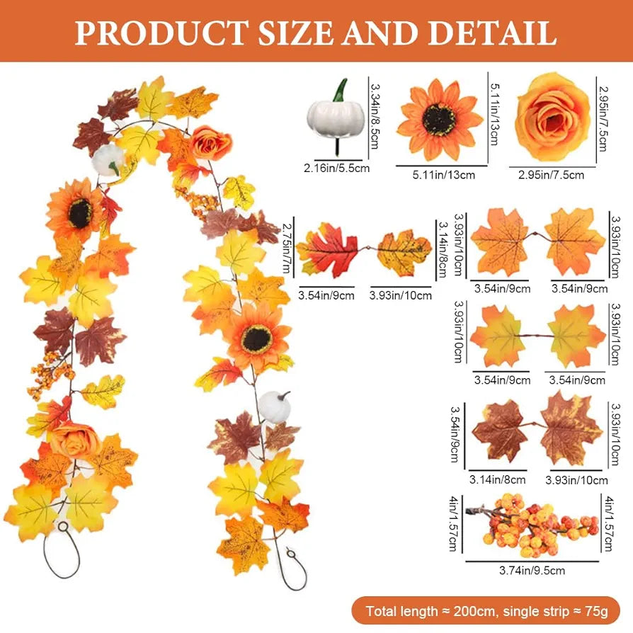 HASTHIP® Autumn Maples Leaf Pumpkin Garland with Berries, 2M/6.5FT Artificial Autumn Foliage Hanging Vine for Home, Thanksgiving, Halloween, Wedding, Fireplace, Party, Christmas Decor